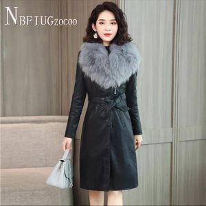 COPY - Black faux leather fur collar long coat, jacket, size Medium